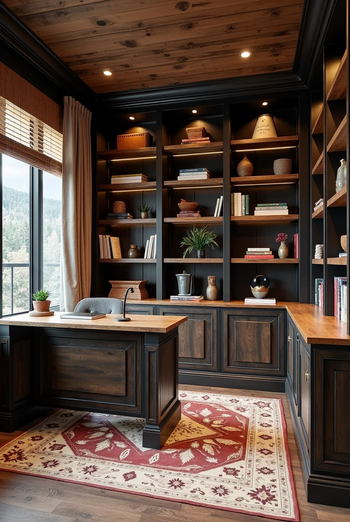 Here is a detailed design for an office with a library, inspired by the style of Colorado mountain homes, like 25 to 30 m²:
### 1. **Layout and Space**
- **distribution**: The office should be divided into two main areas: one for the library and one for the workspace. Built-in bookshelves should take up an entire wall to maximize storage for books and collectibles.. The workspace should include a desk and a comfortable reading area..
- **Furniture**: Choose furniture that combines dark wood and rustic finishes, typical of the mountain style. Use furniture with straight, simple lines, with natural wood accents for a cohesive, elegant look.
- **Accessories**: Include a large, comfortable rug in the center of the space, with geometric or checkered patterns to complement the rustic style. Add a reading chair and coffee table for a cozy, functional space..
### 2. **Built-in shelves**
- **Design**: Install dark wood built-in bookshelves along one wall, with adjustable shelves to accommodate different sizes of books and decorative objects. Consider adding glass doors to the lower portions to protect valuable items and create a sleek look..
- **detaileds**: Shelves should have aged wood finishes to match the rustic style.. Add metal or iron accents for an industrial touch that complements the mountain style..
- **Lighting**: Add recessed lights to your bookshelves to highlight books and decorative items.. Use LED tracks or adjustable spotlights to create focused, efficient lighting.
### 3. **janelas e Lighting Natural**
- **janelas**: Install large windows to maximize natural light. Use curtains or blinds in neutral, natural tones, like beige or light gray, to control brightness and ensure privacy.
- **Lighting Natural**: Position the work table pr