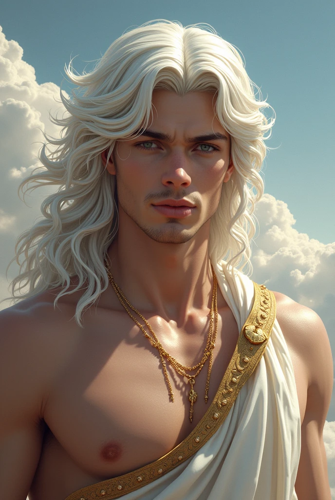 Zeus with white hair, with a flirtatious and seductive face