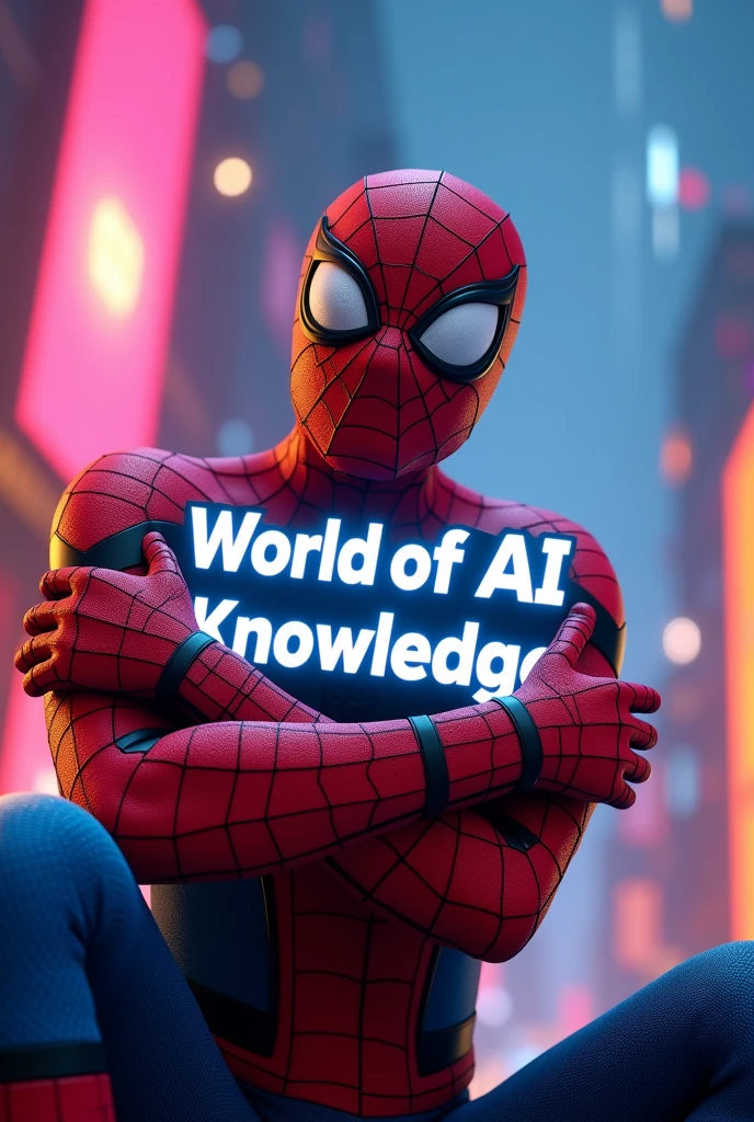 Please create for me a stunning YouTube cover image featuring a fun and humorous Spider-Man hugging the clearly visible text in the center of the frame that says World of AI Knowledge