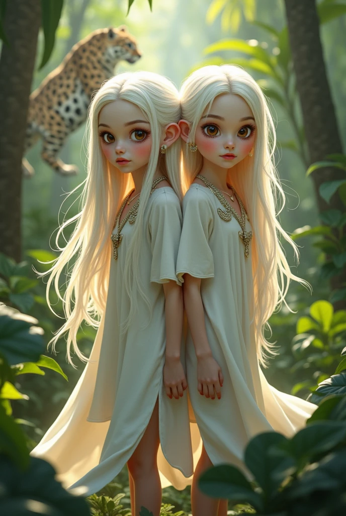 Two girls of about , both with very white skin and long, loose white hair., Brown eyes, dressed in very long white tunics that cover their feet, without shoes, stalked by a jaguar in a jungle during the day. One has a necklace with a half moon pendant and the other has earrings shaped like white clouds..
