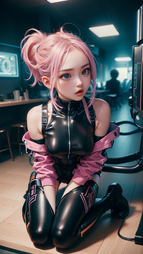 (highest quality:1.2), a 20-years-old girl is kneeling, connected to machines with many wires, looking up the ceil, a photorealistic cute gymnast, beautiful face, European face like a  doll, open mouth with surprise, blank eyes, soul-less face with no emotion, Short-cut pink hair, full body portrait, wearing long sleeve leotard,tight-fitting colorful and extra shiny leotard, wearing colorful pantyhose