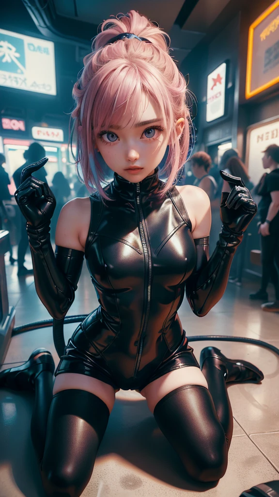 (highest quality:1.2), a 20-years-old girl is kneeling, connected to machines with many wires, looking up the ceil, a photorealistic cute gymnast, beautiful face, European face like a doll, open mouth with surprise, blank eyes, soul-less face with no emotion, Short-cut pink hair, full body portrait, wearing long sleeve leotard,tight-fitting colorful and extra shiny leotard, wearing colorful pantyhose