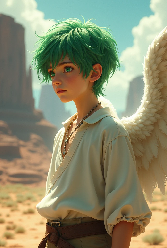 I would like a 1 boy with short green hair, wearing a white outfit resembling a tunic. He has a radiant glow around him, feathered wings on his back, and green eyes.I would like it to be in a mature style, with the art in a fantasy and RPG style set in the Old West.
