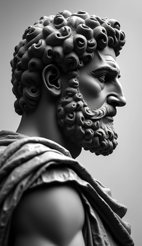 a portrait statue of the stoic Marcus Aurelius in black and white 4K,Side Face, super realistic wallpaper