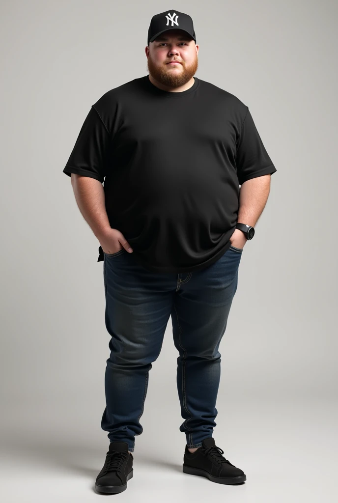 Black Yankees cap, white girl&#39;s black shirt, skinny jeans, all black Calvin Klein sneakers, white skin, no beard, chubby guy, no watch, no smile