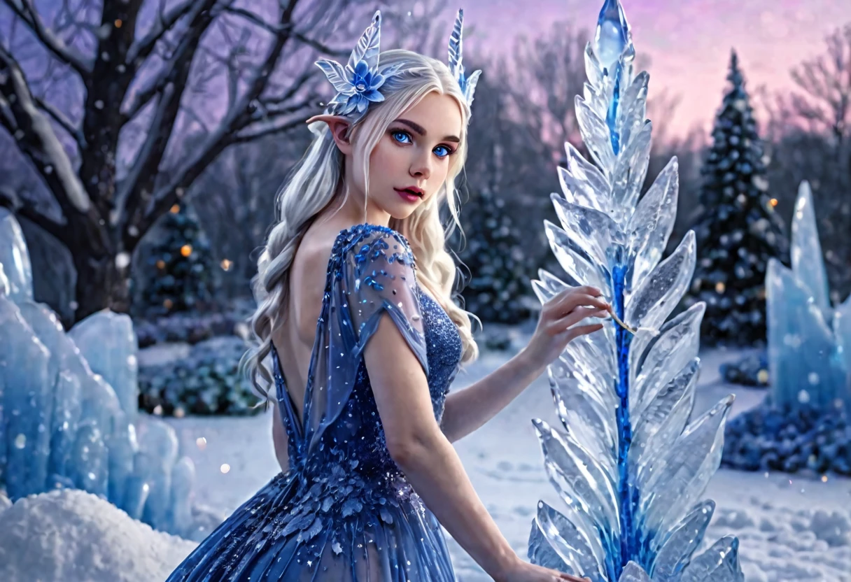A cute ice elf woman with blue skin, deep blue eyes, pointy ears, waist length pale hair, wearing a sapphire sequin sparkling sheer night gown, inspecting her ice sculpture flower garden in a snow landscape at twilight, (best quality,4k,8k,highres,masterpiece:1.2),ultra-detailed,(realistic,photorealistic,photo-realistic:1.37),detailed ice sculpture flowers,snowy landscape,ethereal lighting,fantasy,magical,cinematic