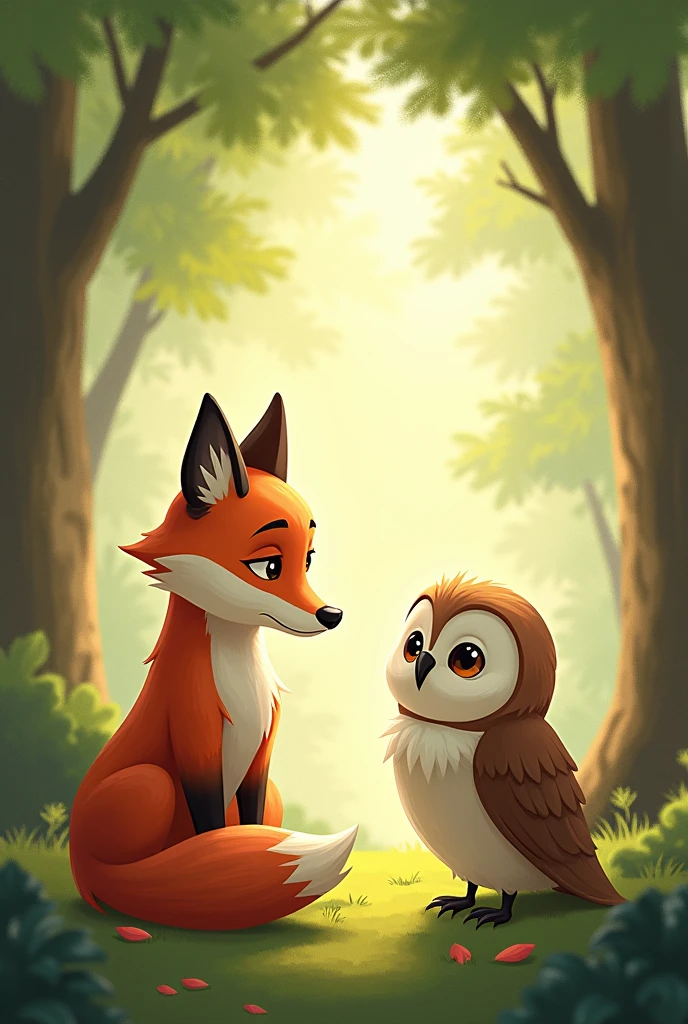 The fox looking thoughtful and attentive as the owl explains why scaring others is not nice.