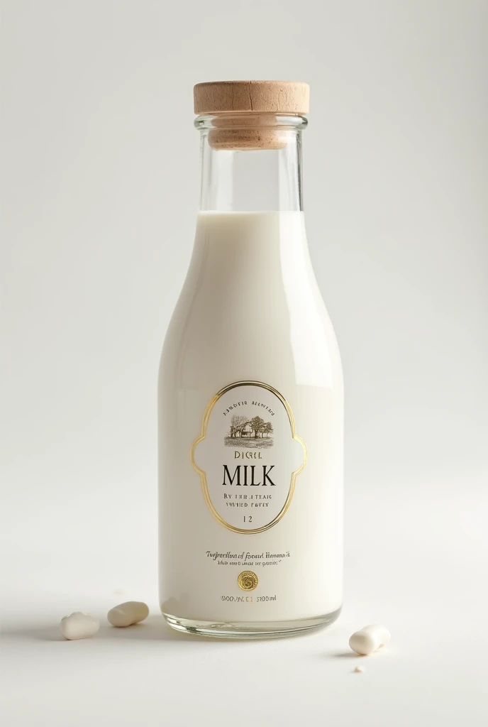 Design a premium milk packaging that emphasizes purity, trustworthiness, and luxury, aiming to communicate that it contains 100% pure milk. The packaging should include the following elements:Elegant and Luxurious Design: The packaging should have an upscale and refined appearance, with a dominant white color symbolizing purity, complemented by gold or silver accents to indicate premium quality.Glass Bottle Concept: Consider using a clear glass bottle with a modern, streamlined shape. The transparency of the glass should allow consumers to see the milk, reinforcing its purity and freshness. The bottle should have a heavy, durable feel that exudes quality.Sealed with Assurance: Incorporate a high-quality, tamper-evident seal or cap, perhaps in gold or silver, with a small ribbon or tag that says “100% Pure Milk” to ensure consumers feel confident in the product’s authenticity and freshness.Simple, Trustworthy Labeling: The label should be minimalistic, featuring a clear, bold statement like “100% Pure & Fresh Milk” in an elegant font. Use subtle texturing or embossing on the label to add a tactile, premium feel.Farm-Fresh Imagery: Include a small, sophisticated illustration or embossed image of a traditional dairy farm, complete with cows grazing in a pristine pasture. This visual should evoke a sense of natural origin and purity.Natural Materials for Cap: Use a natural wood or cork-style cap to enhance the eco-friendly and organic feel of the packaging. The cap should be smooth, polished, and fit tightly to maintain the milk’s freshness.Sophisticated Branding: The brand logo should be simple yet impactful, perhaps using a script or serif font that conveys heritage and reliability. Position it prominently on the bottle.Certification and Quality Seals: Include a small, subtle quality seal or certification mark, like “Certified Organic” or “Non-GMO Verified,” near the bottom of the bottle to reassure consumers of the milk’s purity.Textural Elements: The packaging could