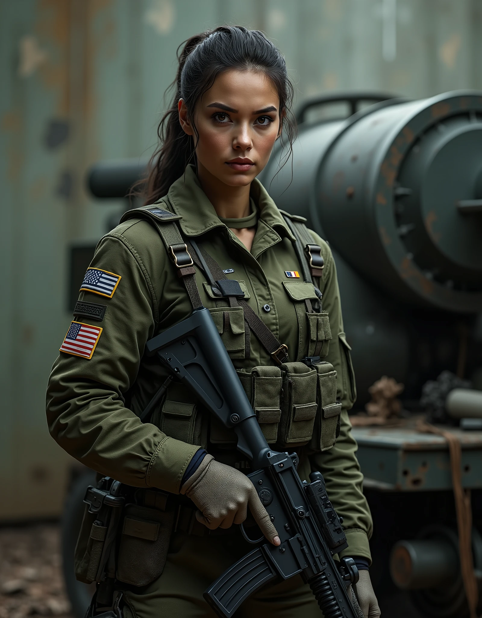 a beautiful woman, armed female soldier, standing next to a mortar, highly detailed, photorealistic, 8k, masterpiece, cinematic lighting, dramatic pose, military uniform, serious expression, muscular, strong and powerful, gritty, grungy, moody, atmospheric, chiaroscuro lighting, dynamic composition