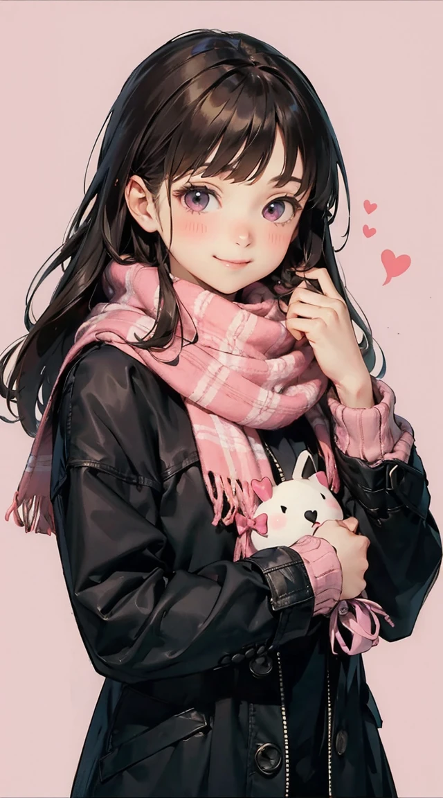 (masterpiece : 1.4), best quality. 

an anime girl with black hair holding a pink heart in one hand and a scarf around the neck, 1girl, solo, long hair, smile, scarf, heart, bag, sleeves past wrists, looking at viewer, long sleeves, plaid, bow, plaid scarf, upper body, pink background, v, blush, hair bow, closed mouth, brown hair, bangs

 AddXL