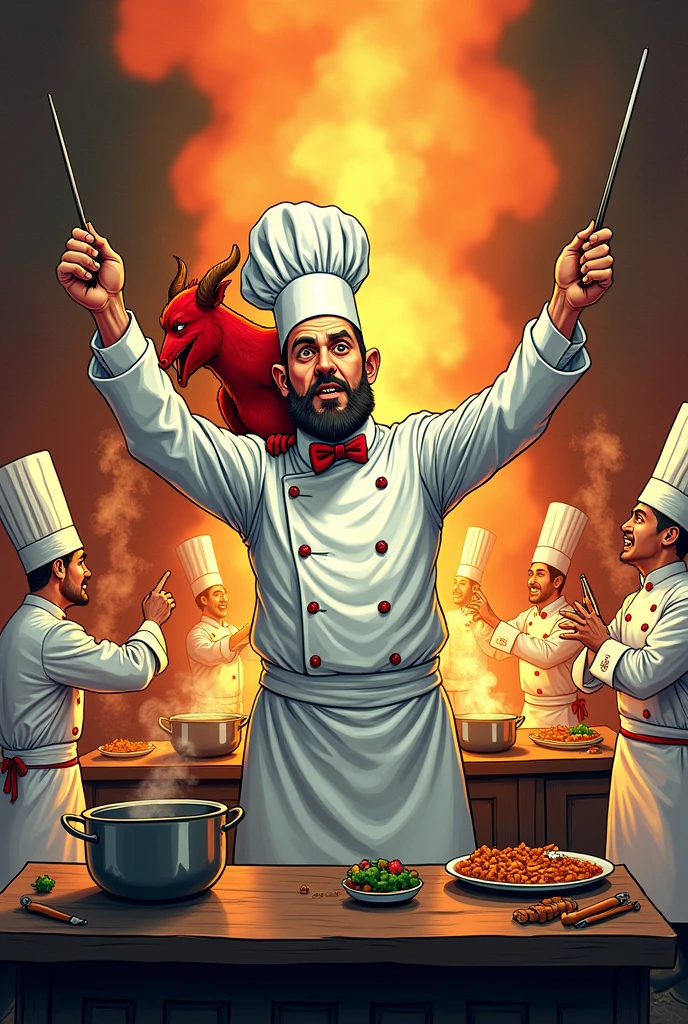 Orchestra conductor in chef's clothesred devil on his back with a devil's tail in total harmony comic , receiving orders in the kitchen full of fire trying to make everything work while the other cooks watch in amazement