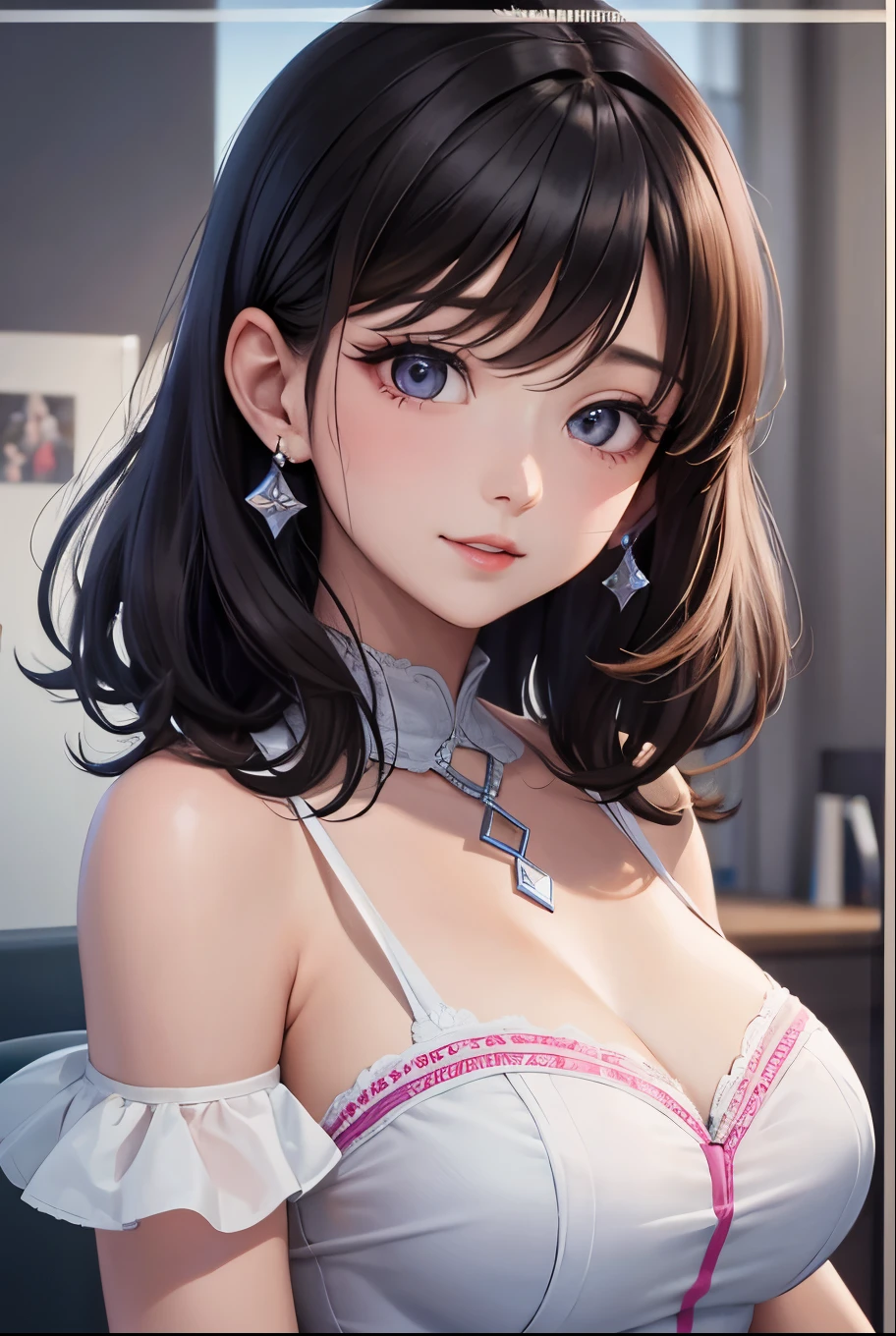 masterpiece, best quality, highly detailed, high resolution, expensive resolution, high resolution, 4k, 8k, uniform 8k wallpaper, highly detailed CG, masterpiece, 2d, 3d, beautiful details, depth, fine texture, best quality: 1.3, perfectly focused, sharp. skin, him, very cute anime girl, her name is Mei, medium hair, K-pop idol style, sexy princess dress, expensive bob hair, mole under eye looking at the viewer, expensive, blush, mole, open lips, pink eyes, heart shaped choker, smiling face
