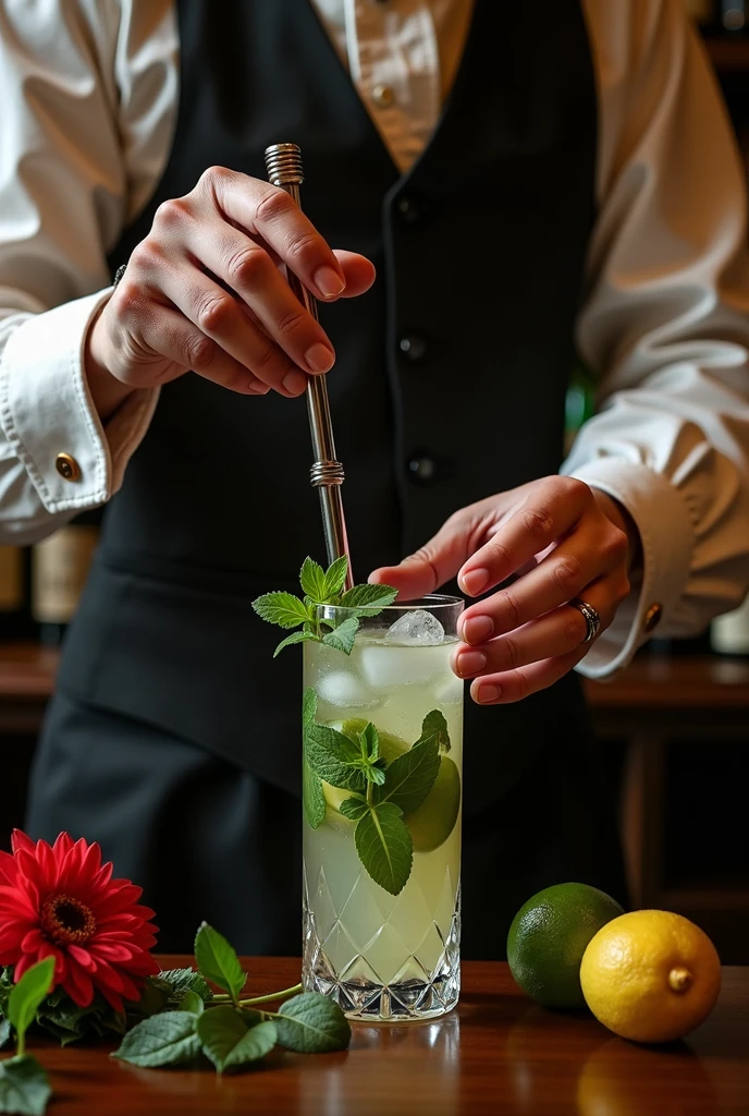 Authentic BAR,( The bartender's right thumb was amputated at the second knuckle.), steampunk,1800's Mojito, Spectacular landscapes, , Extremely precise movements, A sublime and delicate work, Cocktail, masterpiece, 8k, high quality, Hands are a key element in the scene, The hands are very realistic and sharp,I don't draw my face,Wine Bottle Background、Dark interior、カウンターの上にハーブとレモンとライムがある、赤い花、手に持っているマドラーは長い