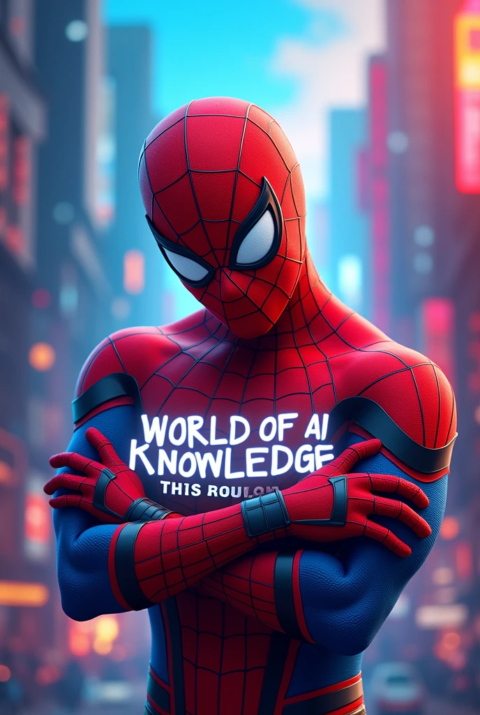 Please create for me a stunning YouTube cover image featuring a fun and humorous Spider-Man hugging the clearly visible text in the center of the frame that says World of AI Knowledge