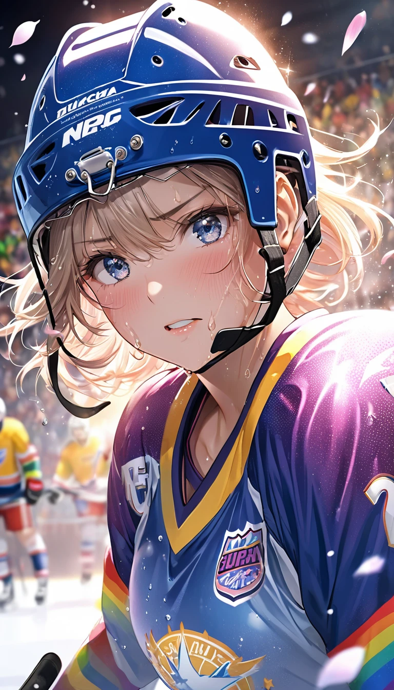 (Sports magazine cover photo), Highest quality, Great quality, 16K, Unbelievably absurd, Very detailed, delicate and dynamic, Natural light, The particles reflect light, Diffuse reflection of light, Many rainbow-colored petals fall, Beautiful hall, Sparkling Sun, Diffuse reflection of light, Create amazing image effects, Hockey girl, Wet, sweating, Ice hockey, Holding hockey stick, Close-up(Cute sexy girl, big bouncing busts, Sensual expression, Cool girl, Serious, passion, Dynamic, Flashy hockey uniform, ,ice hockey helmet, Face guard, audience ,much-air-laden cheer)