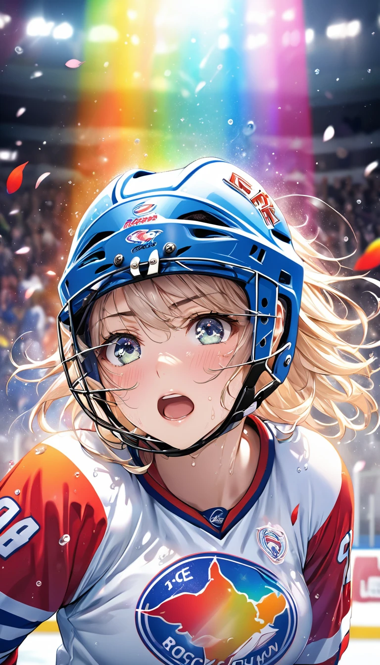 (Sports magazine cover photo), Highest quality, Great quality, 16K, Unbelievably absurd, Very detailed, delicate and dynamic, Natural light, The particles reflect light, Diffuse reflection of light, Many rainbow-colored petals fall, Beautiful hall, Sparkling Sun, Diffuse reflection of light, Create amazing image effects, Hockey girl, Wet, sweating, Ice hockey, Holding hockey stick, Close-up(Cute sexy girl, big bouncing busts, Sensual expression, Cool girl, Serious, passion, Dynamic, Flashy hockey uniform, ,ice hockey helmet, Face guard, audience ,much-air-laden cheer)