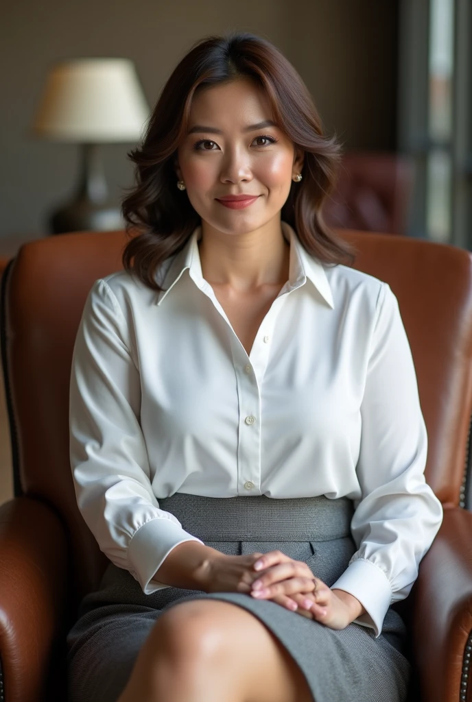 ((highest quality, 8k, masterpiece, portrait: 1.3)), (looking at the viewer), (full shot:0.85), attractive business mature woman, 1 person、 white collared shirt, gray skirt,((big breasts 2.5)) (big pelvis:0.3),((Very plump 2.5))、 (sitting in an office chair)), smile:0.2, President'office,good posture、Brown medium hair、gentle smile、office、In the office、