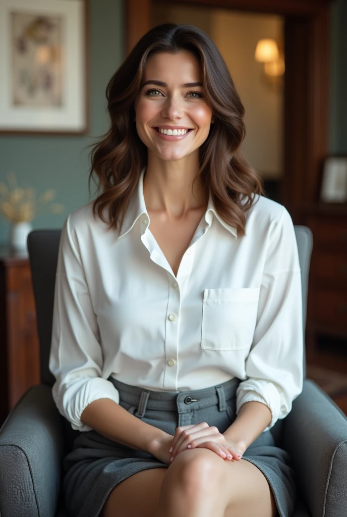 ((highest quality, 8k, masterpiece, portrait: 1.3)), (looking at the viewer), (full shot:0.85), attractive business mature woman, 1 person、 white collared shirt, gray skirt,((big breasts 2.5)) (big pelvis:0.3),((Very plump 2.5))、 (sitting in an office chair)), smile:0.2, President'office,good posture、Brown medium hair、gentle smile、office、In the office、