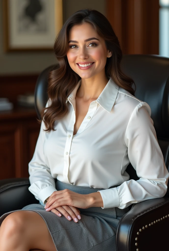 ((highest quality, 8k, masterpiece, portrait: 1.3)), (looking at the viewer), (full shot:0.85), attractive business mature woman, 1 person、 white collared shirt, gray skirt,((big breasts 2.5)) (big pelvis:0.3),((Very plump 2.5))、 (sitting in an office chair)), smile:0.2, President'office,good posture、Brown medium hair、gentle smile、office、In the office、