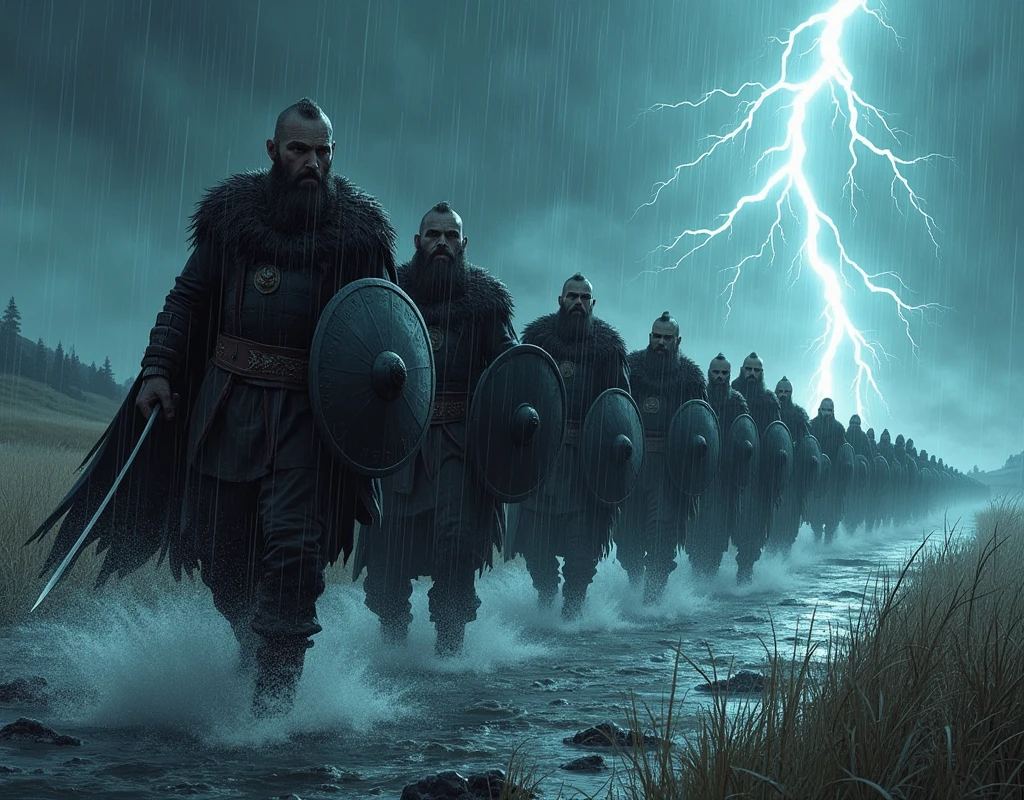 *Beneath a sky crackling with lightning, a group of Viking warriors marches through the storm, their silhouettes framed by sheets of rain. Leading the pack is a battle-hardened warrior, his eyes set on the horizon, where danger looms unseen. Beside him, his comrades walk with the same determined stride, their shields held firm against the driving wind. Their cloaks billow, soaked but unyielding, as they share a silent bond, each step a testament to their unity and resolve. The storm rages around them, but together, they are an unstoppable force, forged by the elements and driven by a shared purpose that no tempest can break.* Style comic noir