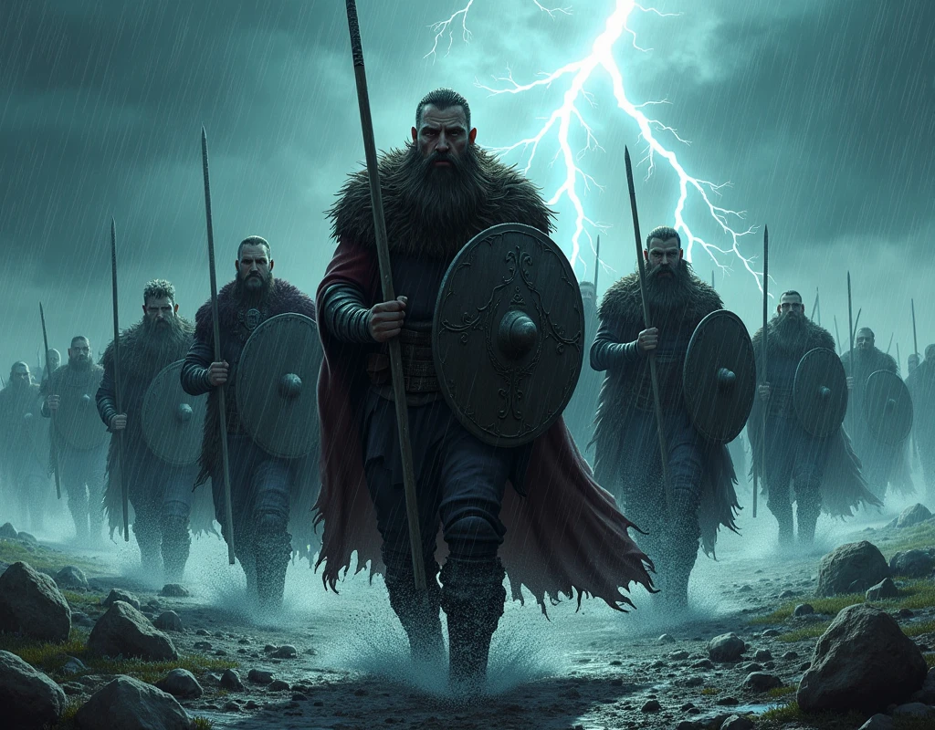 *Beneath a sky crackling with lightning, a group of Viking warriors marches through the storm, their silhouettes framed by sheets of rain. Leading the pack is a battle-hardened warrior, his eyes set on the horizon, where danger looms unseen. Beside him, his comrades walk with the same determined stride, their shields held firm against the driving wind. Their cloaks billow, soaked but unyielding, as they share a silent bond, each step a testament to their unity and resolve. The storm rages around them, but together, they are an unstoppable force, forged by the elements and driven by a shared purpose that no tempest can break.* Style comic noir