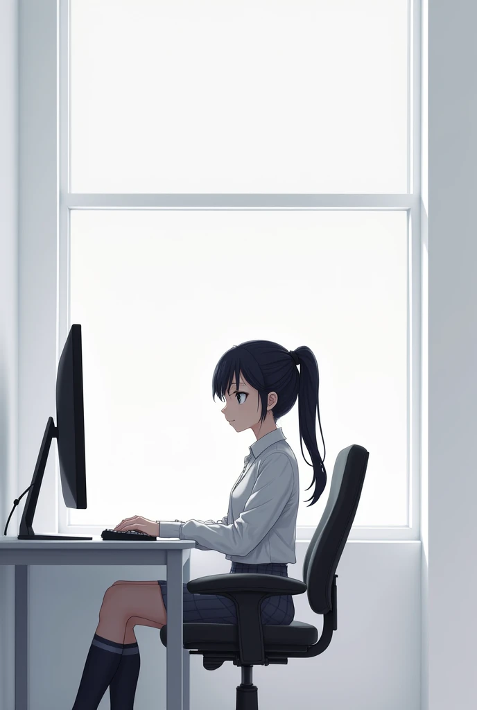(ponytail forehead hair pulled back:1.3), (black hair:1.3), anime girl sitting in a chair with a computer in a white room and window, anime style, from girls frontline, fine details. girls frontline, girls frontline universe, girls frontline style, girls frontline, girls frontline cg, 2 0 2 2 anime style, 2022 anime style, pixiv contest winner, concept art 2022,