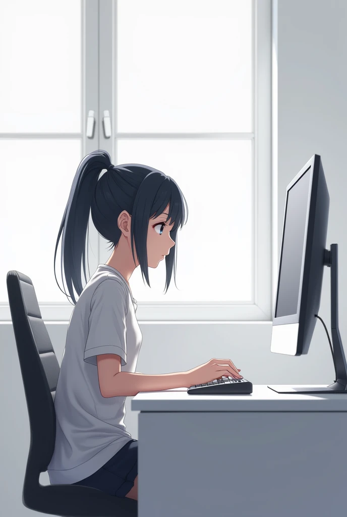 (ponytail forehead hair pulled back:1.3), (black hair:1.3), anime girl sitting in a chair with a computer in a white room and window, anime style, from girls frontline, fine details. girls frontline, girls frontline universe, girls frontline style, girls frontline, girls frontline cg, 2 0 2 2 anime style, 2022 anime style, pixiv contest winner, concept art 2022,