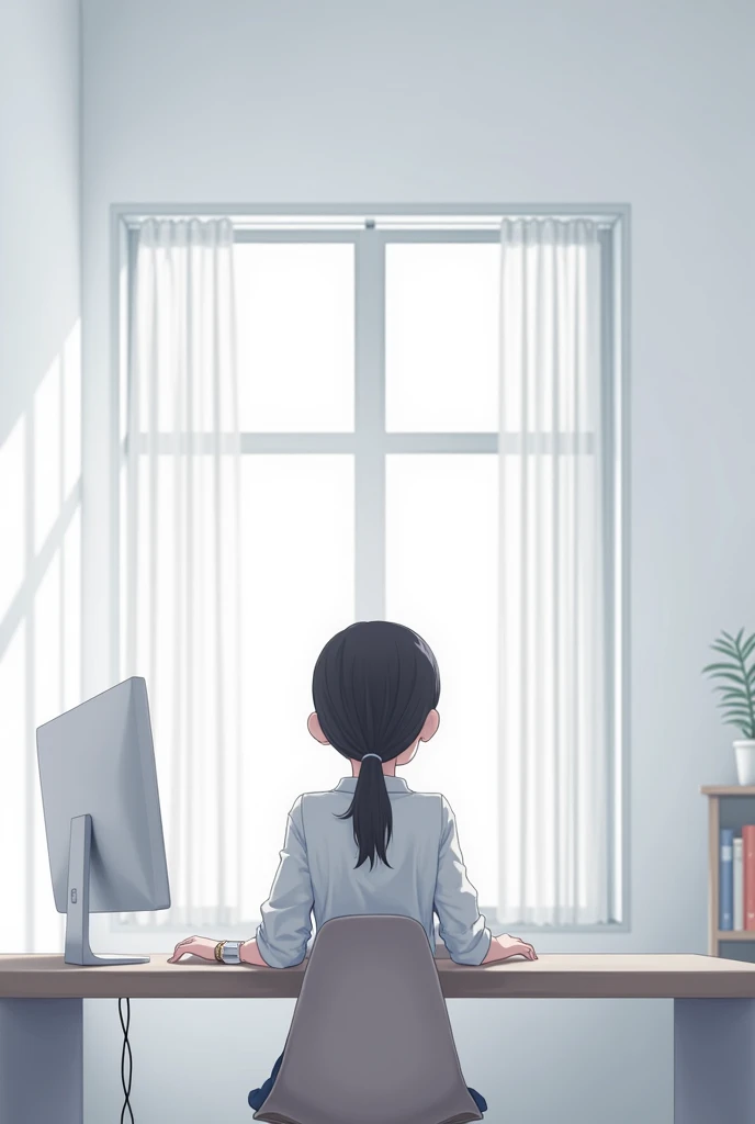 (ponytail forehead hair pulled back:1.3), (black hair:1.3), anime girl sitting in a chair with a computer in a white room and window, anime style, from girls frontline, fine details. girls frontline, girls frontline universe, girls frontline style, girls frontline, girls frontline cg, 2 0 2 2 anime style, 2022 anime style, pixiv contest winner, concept art 2022,