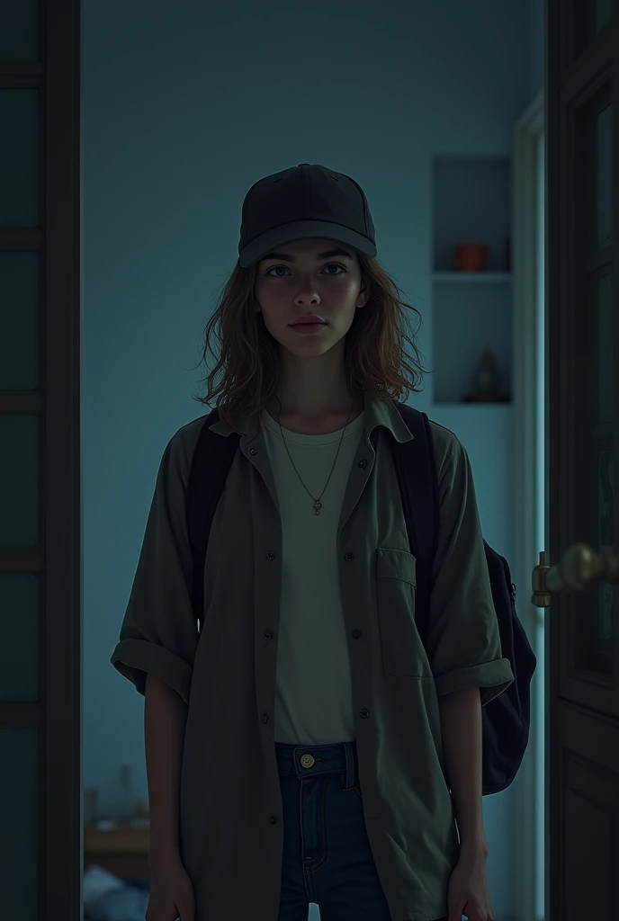 Student from the state of Mexico, average stature, Light brown hair, small brown eyes, White skin, with cap, shoulder length hair waking up in the middle of the night to go to school  
