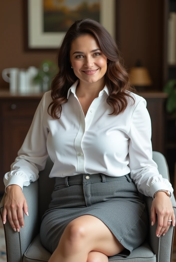 ((highest quality, 8k, masterpiece, portrait: 1.3)), (looking at the viewer), (full shot:0.85), attractive business mature woman, 1 person、 white collared shirt, gray skirt,((big breasts 2.5)) (big pelvis:0.3),((Very plump 2.5))、 (sitting in an office chair)), smile:0.2, President'office,good posture、Brown medium hair、gentle smile、office、In the office、