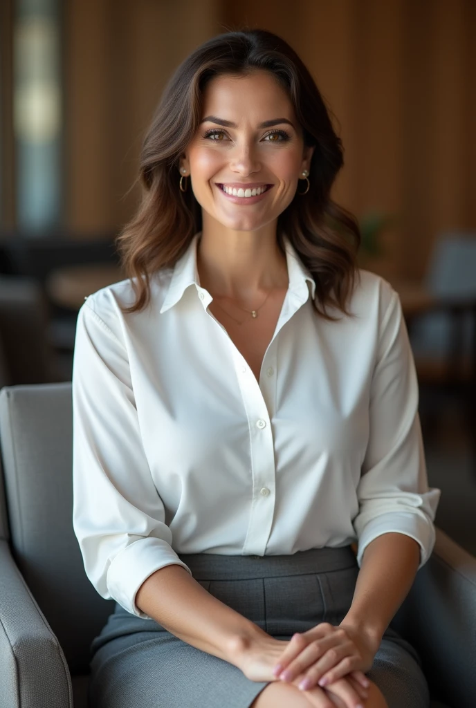 ((highest quality, 8k, masterpiece, portrait: 1.3)), (looking at the viewer), (full shot:0.85), attractive business mature woman, 1 person、 white collared shirt, gray skirt,((big breasts 2.5)) (big pelvis:0.3),((Very plump 2.5))、 (sitting in an office chair)), smile:0.2, President'office,good posture、Brown medium hair、gentle smile、office、In the office、