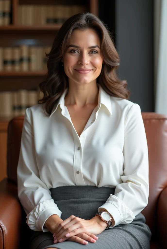 ((highest quality, 8k, masterpiece, portrait: 1.3)), (looking at the viewer), (full shot:0.85), attractive business mature woman, 1 person、 white collared shirt, gray skirt,((big breasts 2.5)) (big pelvis:0.3),((Very plump 2.5))、 (sitting in an office chair)), smile:0.2, President'office,good posture、Brown medium hair、gentle smile、office、In the office、