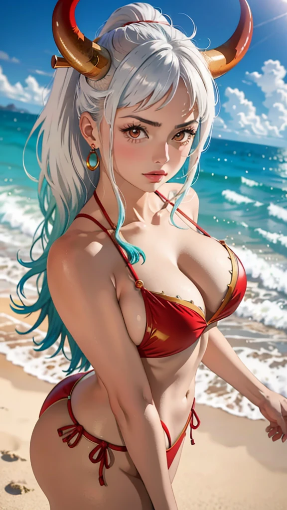 Masterpiece, Best quality, 1womanl, A high resolution,  Beautiful girl ,  yamatowanpi，Large breasts，cleavage，looks into camera，Bust photo，Raised sexy，Be red in the face，Sea background