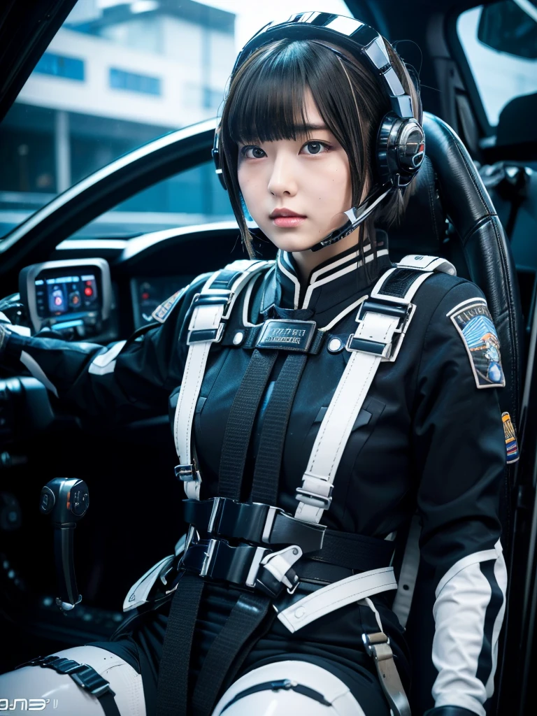 masterpiece, Highest quality, Very detailed, Japanese Android girl,Plump,Slightly thicker,Control panel,Android,cyborg,Blunt bangs,Sitting in the cockpit,Black combat uniform,Harness Belt,Helmet