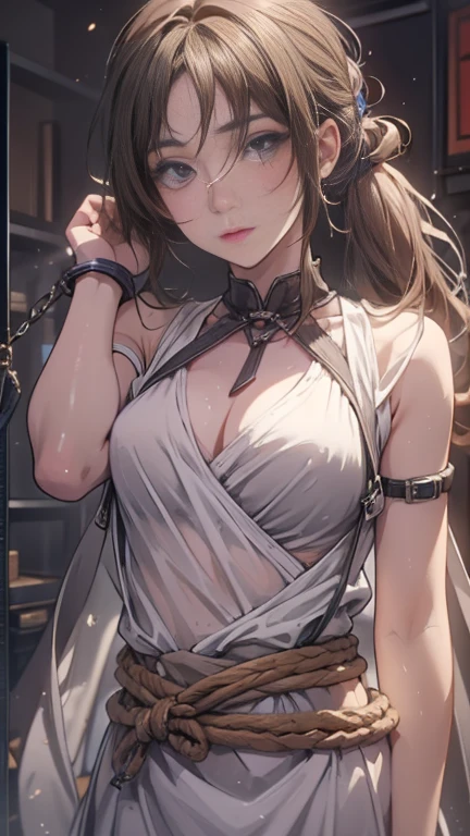 (Realistic:1.6),(High resolution:1.6),(alone, ),,(Thin woman:1.2),(Beady Eyes),(Hollow Eyes),(Brown ponytail),(Slender body),(Show off your ribs),(experience an orgasm),(Preteen),(Small breasts),(Flat Chest),(Ahegao),(Ecstasy),(sexual excitement),(BDSM),(A see-through white dress),(Harness),(constrained),(Hands tied),(Tied up and unable to move),(masochism),(eroticism),(Both armpits are visible),(Place your hands behind your head),(Sexual violence),(Paper Panties),(Paper Bra),Drop a milk bottle at your feet,Cover your face with milk,Soaking the breast with milk,The broom has fallen、Sweating profusely,Vaginal bleeding,Young Body,low length,Systemic composition,