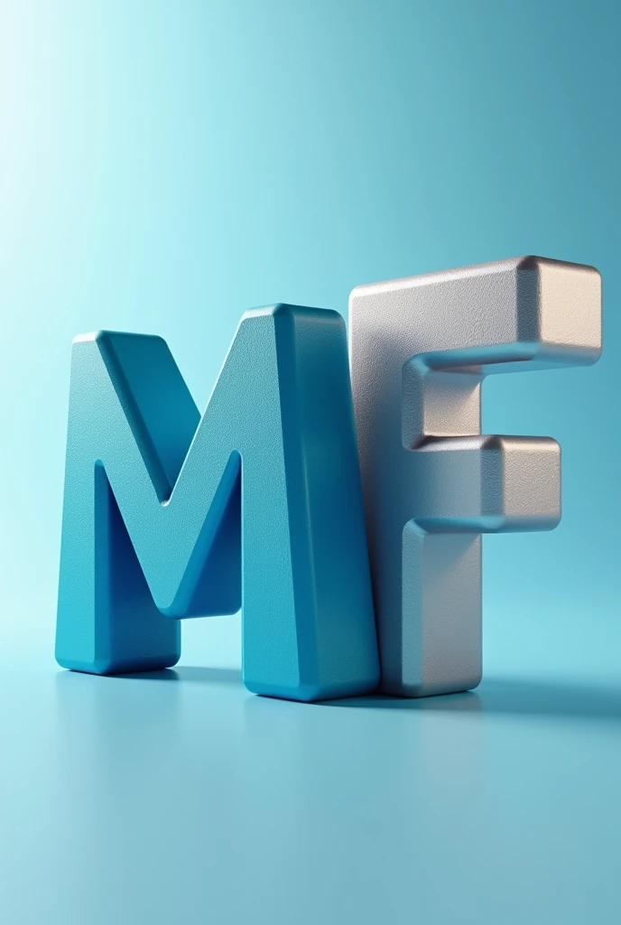 Generate a 3D logo with the letters MF in cyan and silver colors on a silver background