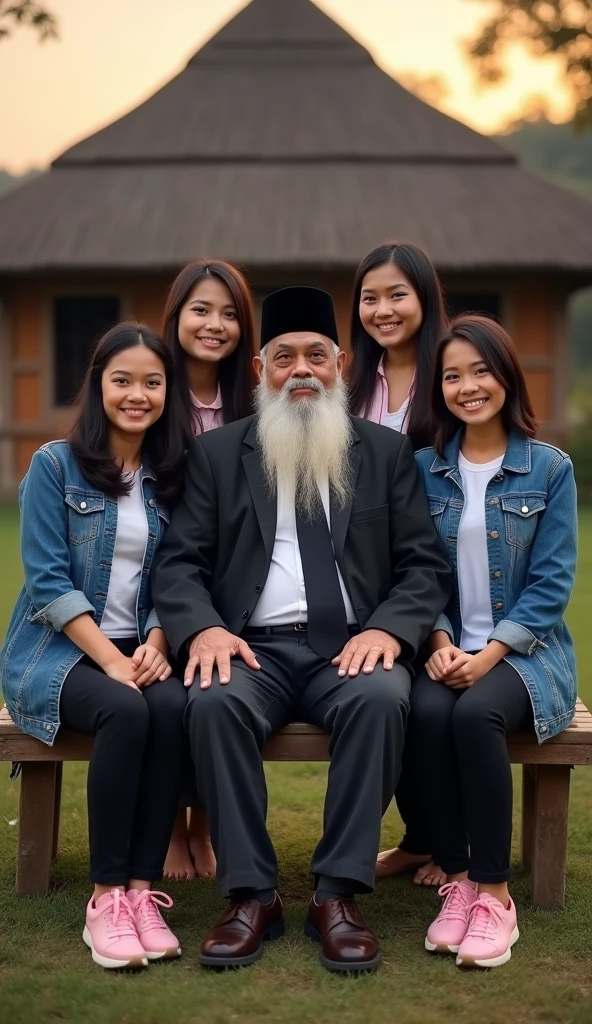 A 60 year old Indonesian man, wear a black Muslim cap, wear a jacket and tie and trousers, wearing leather shoes, sit down, smile facing the camera, Beside him there are 6 beautiful Indonesian women, his body is quite fat, fair skin, big nose, long wavy hair, wearing a denim jacket, long pants, wearing pink sneakers, sit down, happy face facing the camera, in front of the country house, evening atmosphere, minimal defects, very detail, realistic, 8K picture