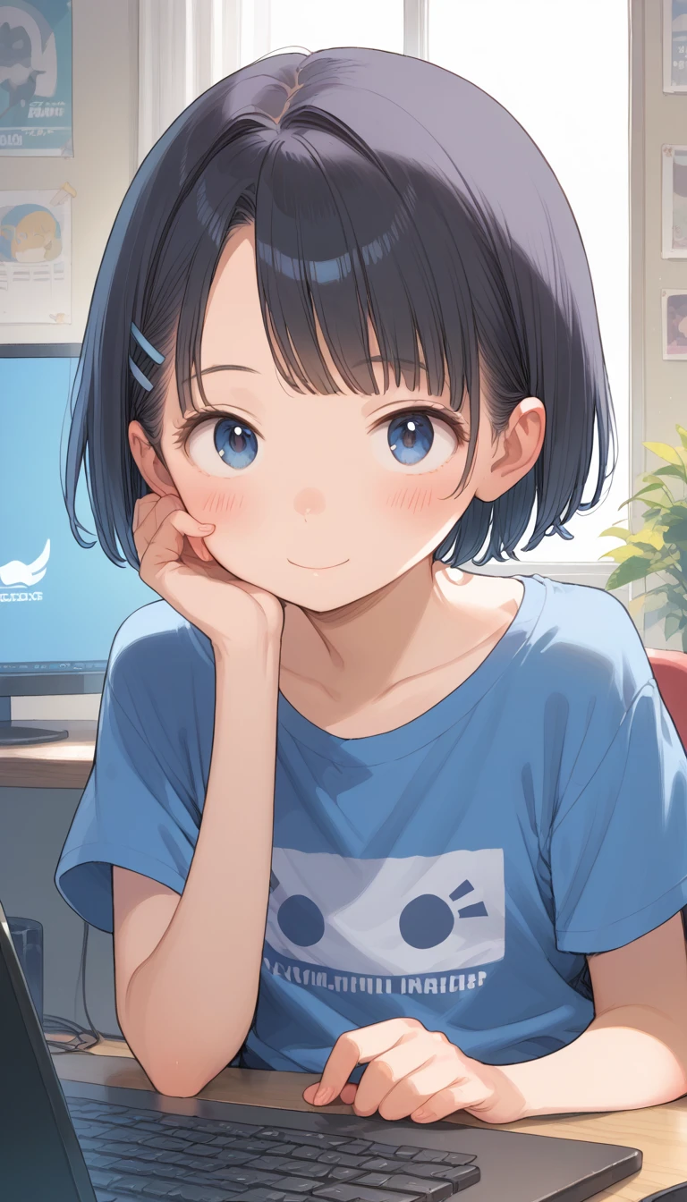 score_9, score_8_up, score_7_up, source_アニメ, (masterpiece), best quality, expressive eyes, perfect eyes, perfect face, best qualityer: 1.0), (super high resolution: 1.0),  アニメ, short black hair, blue colored eyes, sitting in front of the computer playing, background in the esports room,