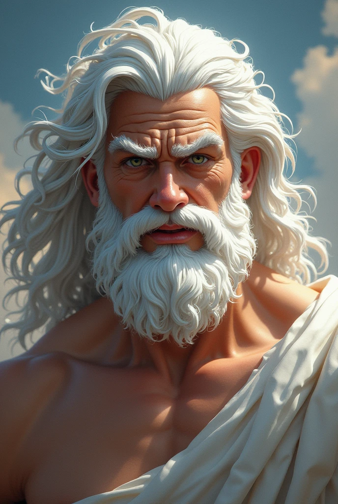 Zeus with white hair, with a flirtatious and seductive face, surprised 