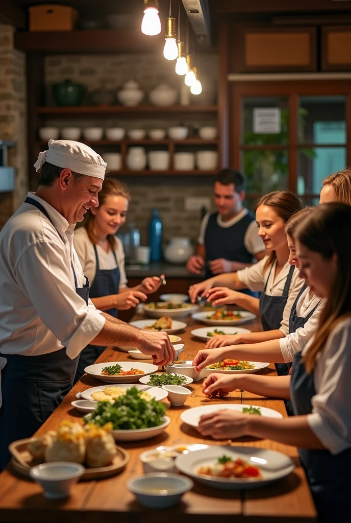 A photo in which a group of people are participating in a cooking class in a cozy and traditional setting. Participants are using local cooking utensils, and a local chef is demonstrating how to prepare a typical dish. The attendees are focused and excited as they practice the recipe..