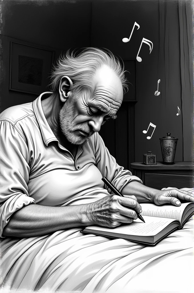 A black and white drawing of an old man lying in his bed writing a song in an old notebook while musical notes come out in his head