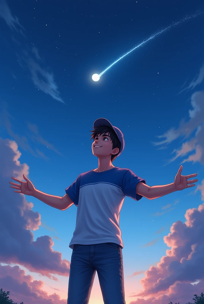 (Ash_pokemom)(Brown eyes, black hair, blue and white t-shirt with jeans, hat ) (1)
, readiant smile, in the light of the moon, anime realistic , star , handsome guy , magic moment, 4k , only our , beautiful night, shooting star, smile, smile , looking front , look ahead , arms outstretched
