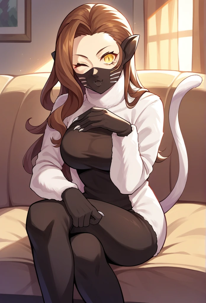 score_9, score_8_up, score_7_up, source_anime BREAK 1girl, solo,
 nekomatasmt, brown hair, long hair, yellow eyes, slit eyes, cat tail, animal ears, claws, face mask, bodysuit, bolero, 
cowboy shot, night club, indoors, dark, sitting, wink