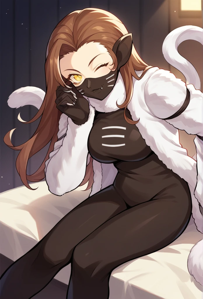 score_9, score_8_up, score_7_up, source_anime BREAK 1girl, solo,
 nekomatasmt, brown hair, long hair, yellow eyes, slit eyes, cat tail, animal ears, claws, face mask, bodysuit, bolero, 
cowboy shot, night club, indoors, dark, sitting, wink