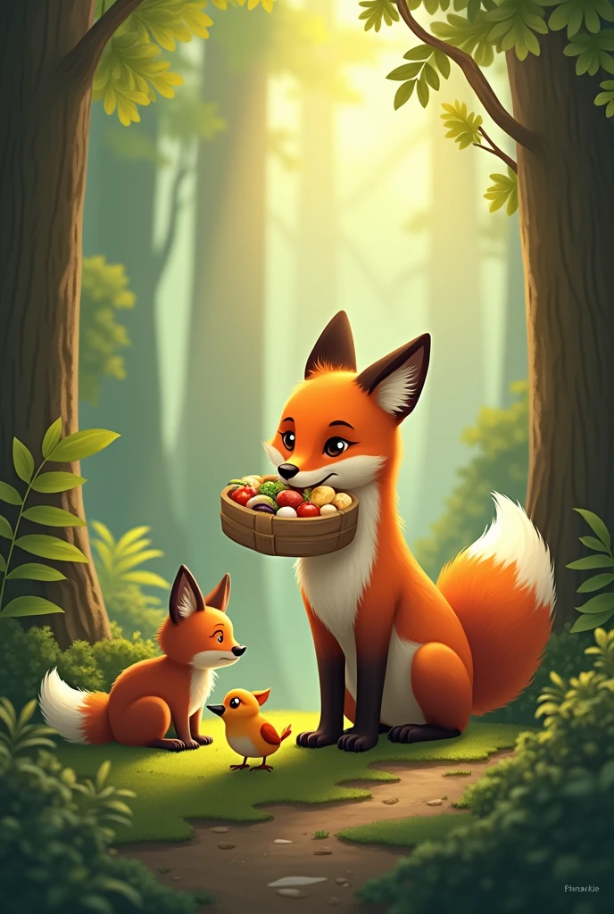 The fox is now seen helping other animals in the forest, like carrying food or assisting a bird with a broken wing.