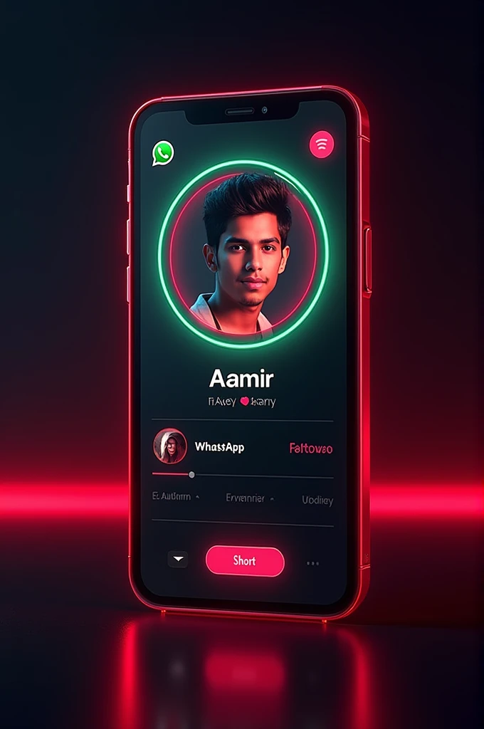A digital card displaying a WhatsApp with a similar design to the provided the reference image.The card should feature a young person's portrait a circular frame on the left side, with the WhatsApp logo and the text your WhatsApp name Aamir and your followers on the right side.The card should have a neon red outline and a dark background, similar to the reference image.