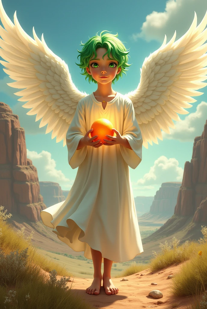 I would like a 1 boy with short green hair, wearing a white outfit resembling a tunic. He has a radiant glow around him, feathered wings on his back, holding a orange. and green eyes.I would like it to be in a mature style, with the art in a fantasy and RPG style set in the Old West.