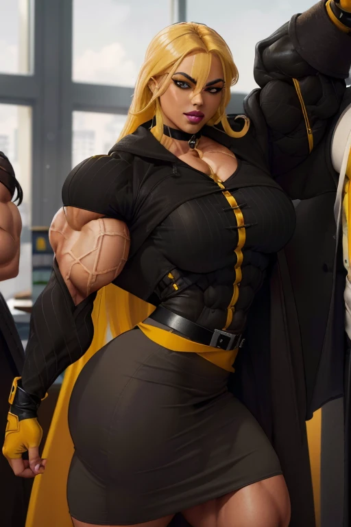 ((Close-up)), tall, (yellow hair), beautiful muscular latino business woman, long flowing hair, brown skinned, closed smile, (black lipstick), (massive muscles), (hyper muscle), ((ginormous bulky muscles)), gray eyes, ((((black overcoat)))), ((((yellow office top)))), (((pencil skirt with belt))), (fingerless gloves), choker, in airport,