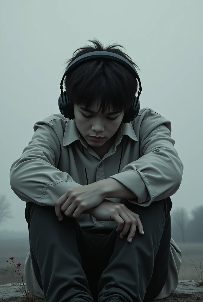 Sad boy with had phones 
