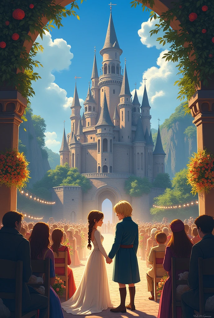 Give me an illustration of Howl with medium-long blonde hair and Sophie with brown hair and a braid from the moving castle where they are getting married